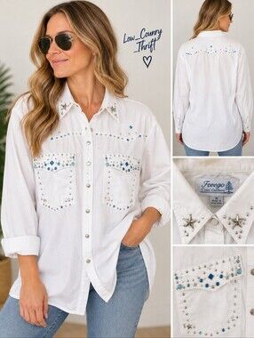 Vintage Freego Rhinestone Western Shirt Women's M 80s White Studded Cotton
